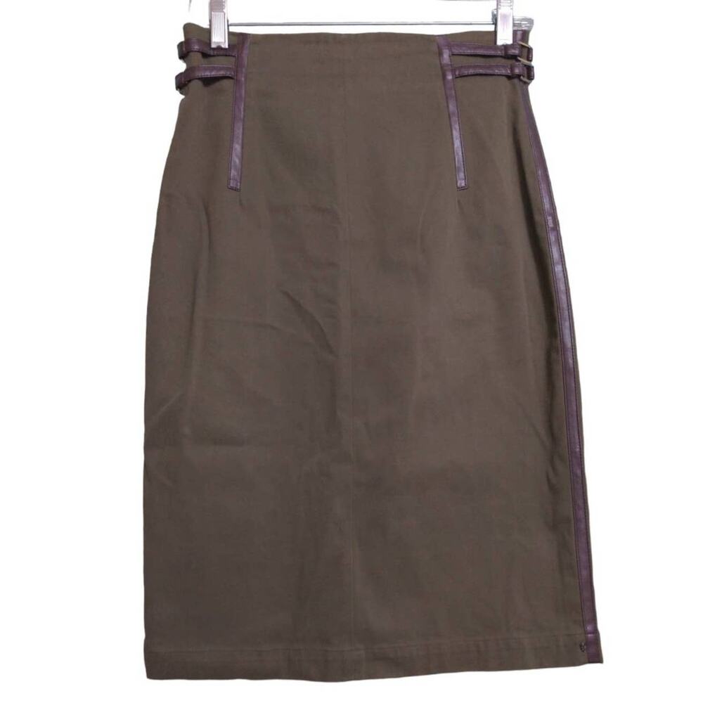 Sportmax Womens Pencil Skirt Olive Green Brown Knee Length Faux Leather Trim 8